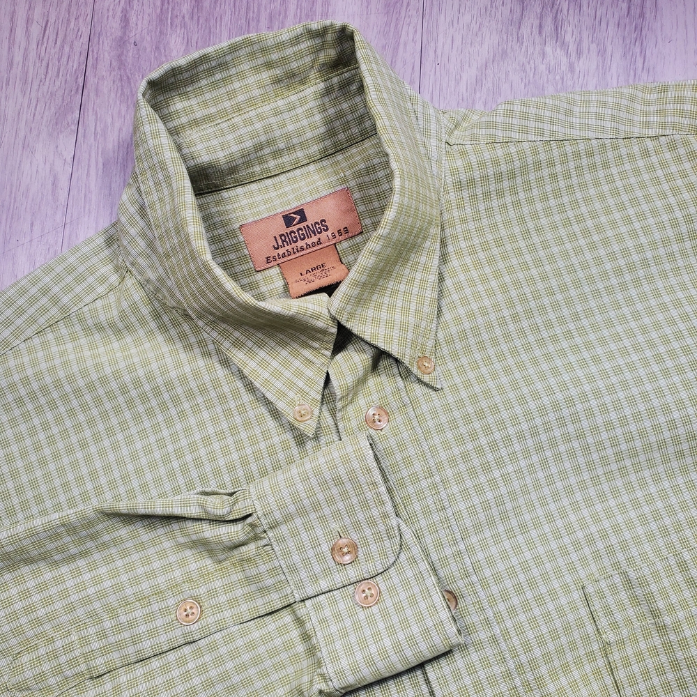J Riggings Button Up Shirt Mens Large Plaid Green Check Long Sleeve Pocket